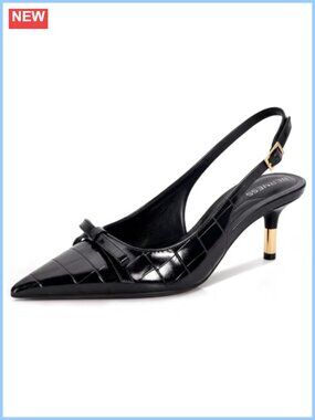 Slingback Heels Pointed Toe Bow Pumps Croc Embossed PU Kitten Heel